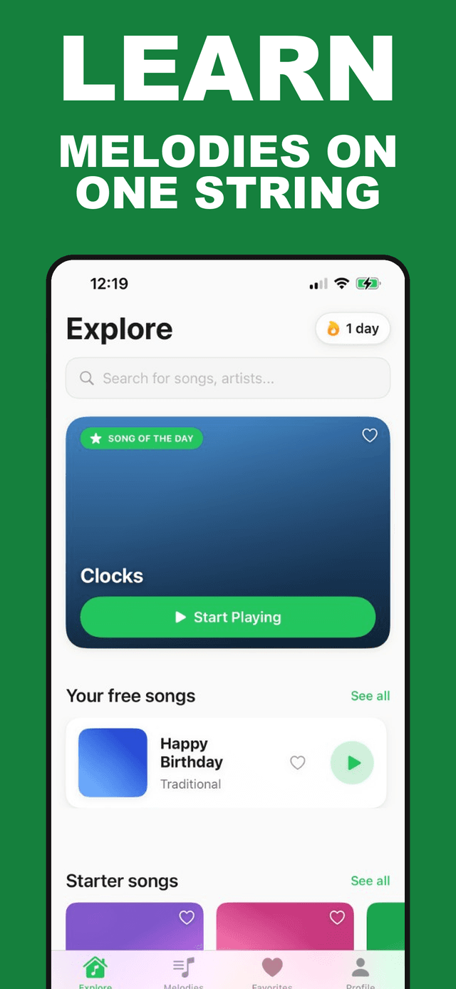 One String Songs app — learn melodies on one string